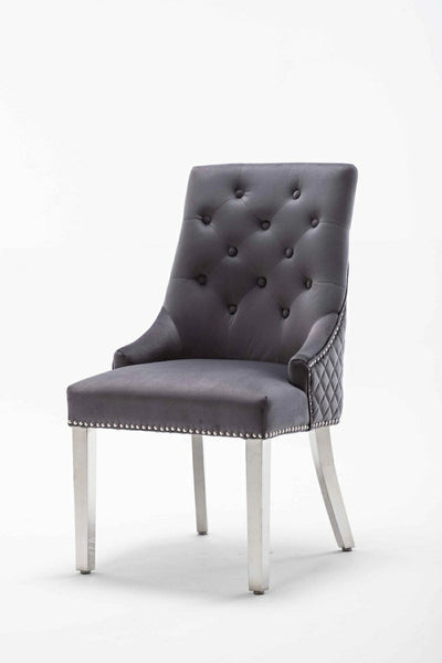 Dakota Dark Grey French Velvet Quilted Back Dining Chair With Chrome Legs - Belmont Interiors