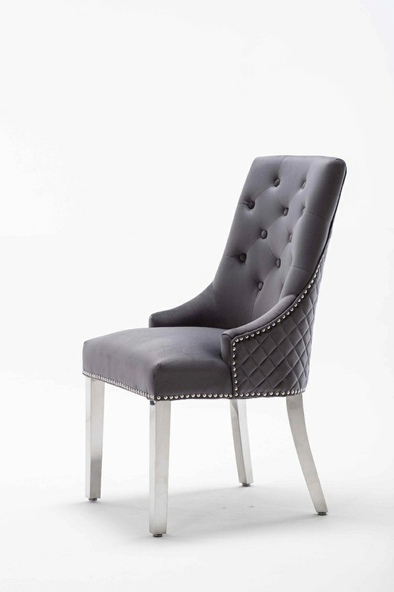 Dakota Dark Grey French Velvet Quilted Back Dining Chair With Chrome Legs - Belmont Interiors