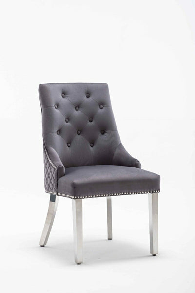 Dakota Dark Grey French Velvet Quilted Back Dining Chair With Chrome Legs - Belmont Interiors