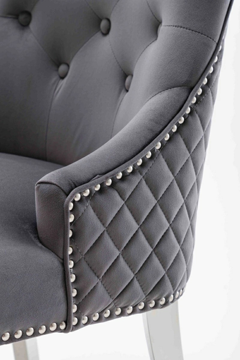 Dakota Dark Grey French Velvet Quilted Back Dining Chair With Chrome Legs - Belmont Interiors