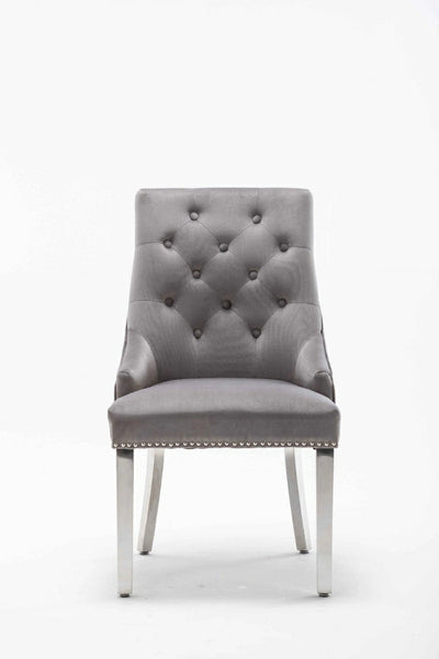 Dakota Light Grey French Velvet Quilted Back Dining Chair With Chrome Legs - Belmont Interiors
