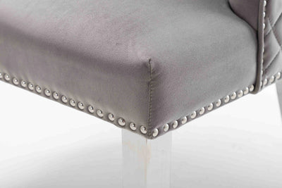 Dakota Light Grey French Velvet Quilted Back Dining Chair With Chrome Legs - Belmont Interiors