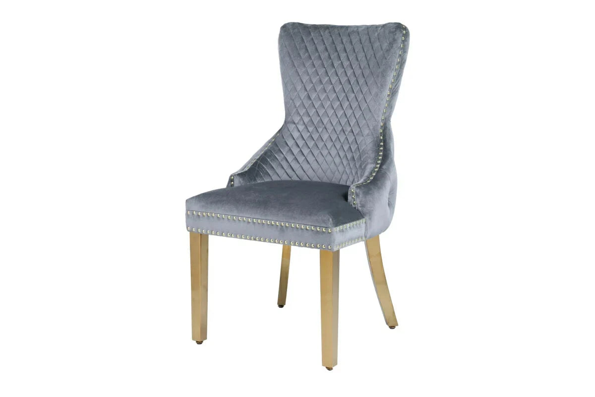 Victoria Gold Lion Knocker Quilted Tufted Plush Velvet Dining Chair Gold Legs - 3 Colours