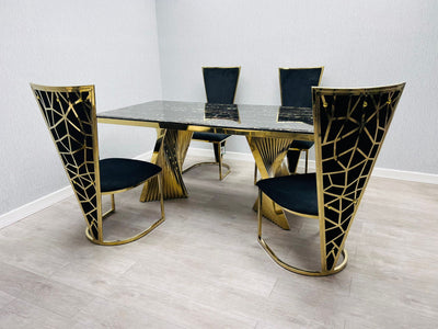 Ravello 180cm Gold Dining Table With Posidon High Back Velvet Gold Chairs