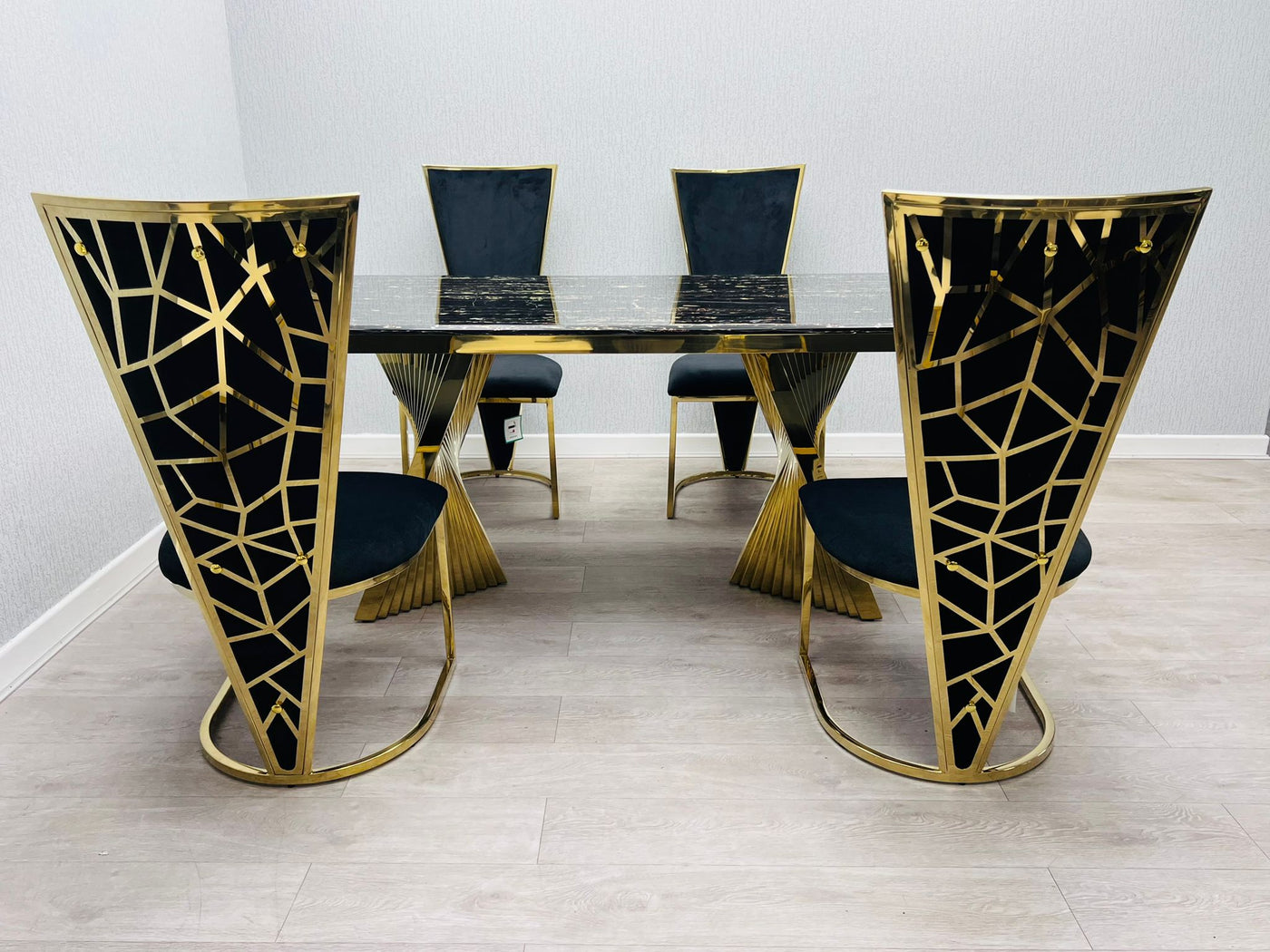 Ravello 180cm Gold Dining Table With Posidon High Back Velvet Gold Chairs