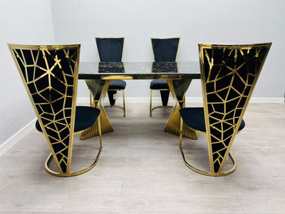 Ravello 180cm Gold Dining Table With Posidon High Back Velvet Gold Chairs