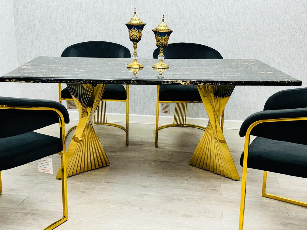 Ravello Black & Gold Marble Dining Table With Porado Gold Chairs
