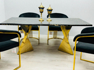 Ravello Black & Gold Marble Dining Table With Porado Gold Chairs