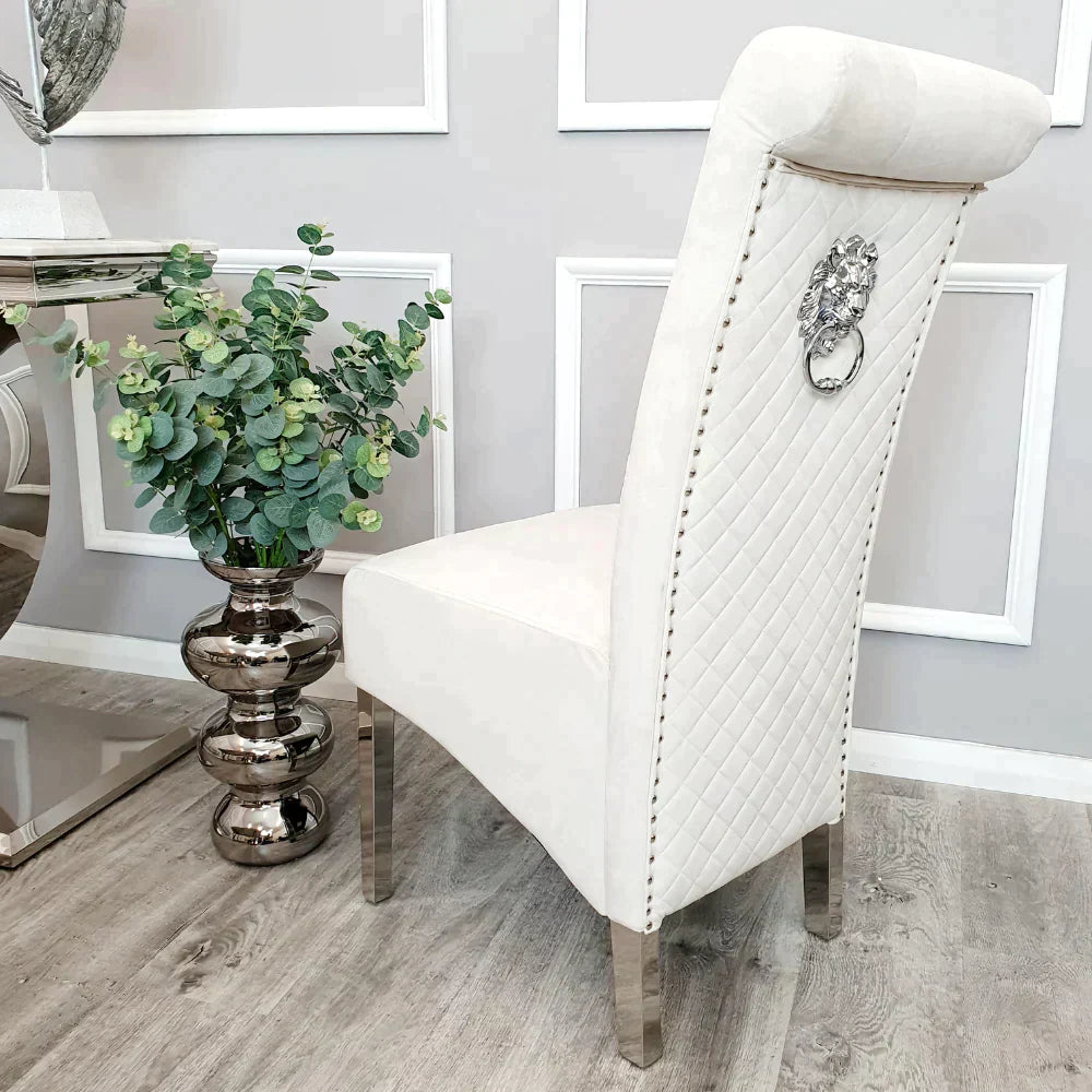 Louis 120CM Marble & Chrome Dining Table With Lucy Slim Quilted Lion Knocker Velvet Chairs - Belmont Interiors