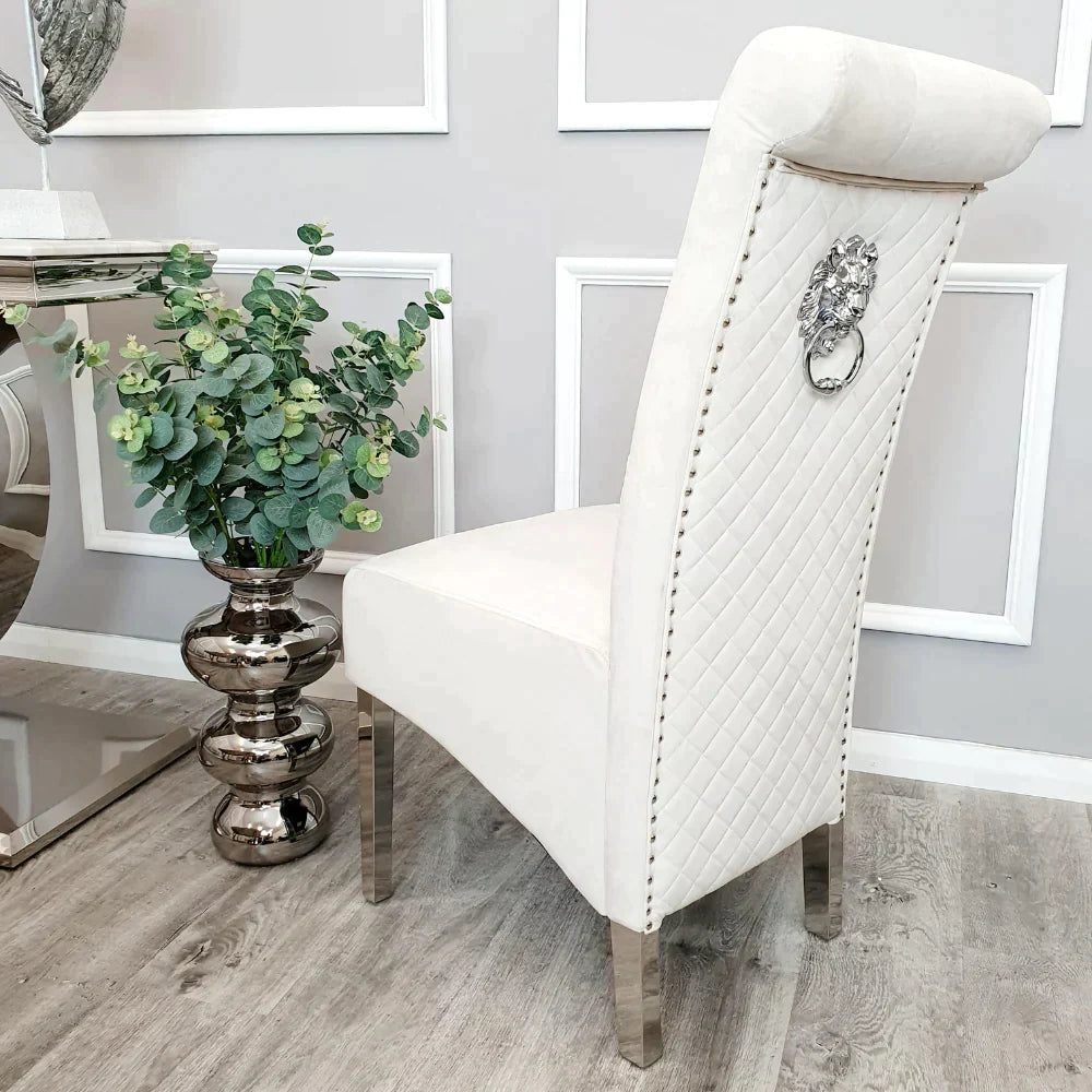 Louis 160cm White Marble & Chrome Dining Table With Lucy Slim Quilted Lion Knocker Velvet Chairs