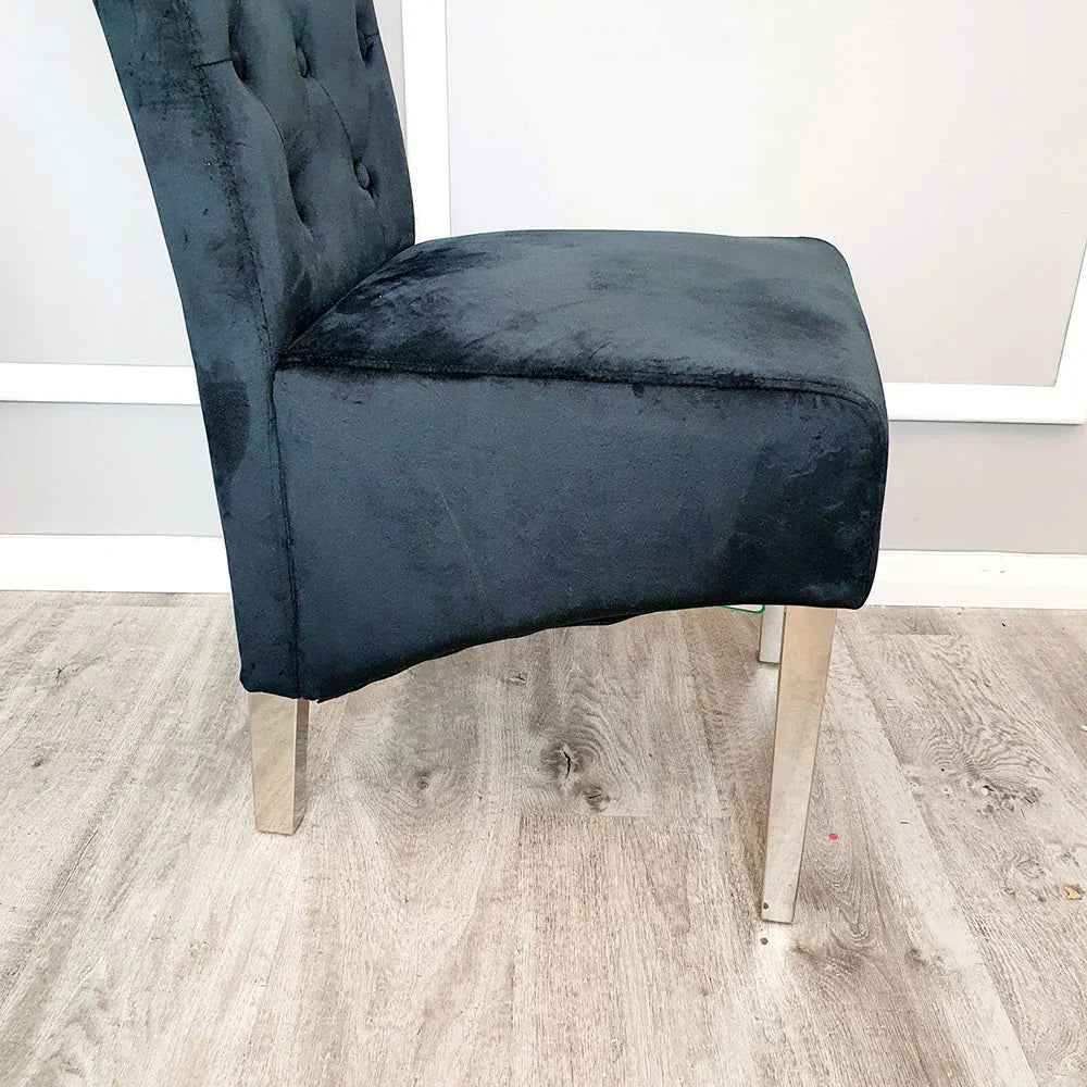 Arianna Marble & Chrome Dining Table With Grey Lucy Slim Quilted Lion Knocker Velvet Chairs + Grey Arianna Bench
