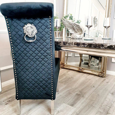 Louis 130cm Marble Round Dining Table + Lucy Slim Quilted Lion Dining Chairs