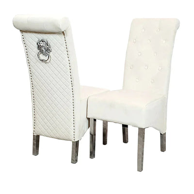 Louis Pandora Gold Marble & Chrome Dining Table With Lucy Slim Quilted Lion Knocker Velvet Chairs