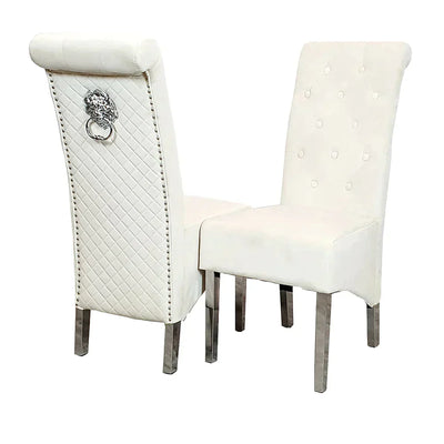 Louis 120CM Marble & Chrome Dining Table With Lucy Slim Quilted Lion Knocker Velvet Chairs - Belmont Interiors