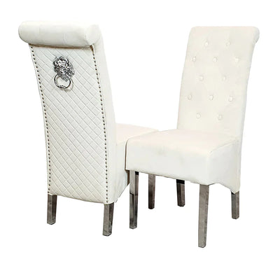 Arianna Marble & Chrome Dining Table With Grey Lucy Slim Quilted Lion Knocker Velvet Chairs + Grey Arianna Bench