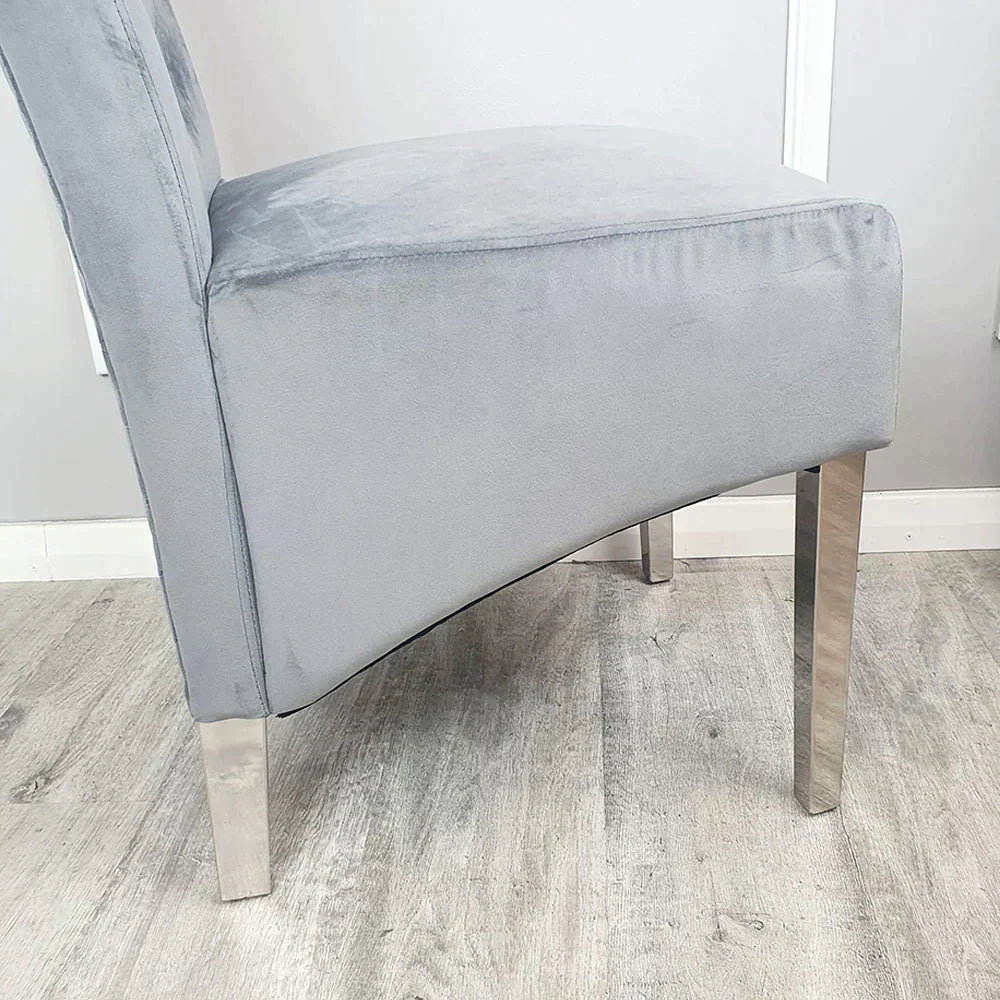 Louis 160cm White Marble & Chrome Dining Table With Lucy Slim Quilted Lion Knocker Velvet Chairs