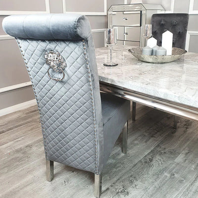 Arianna Marble & Chrome Dining Table With Grey Lucy Slim Quilted Lion Knocker Velvet Chairs + Grey Arianna Bench
