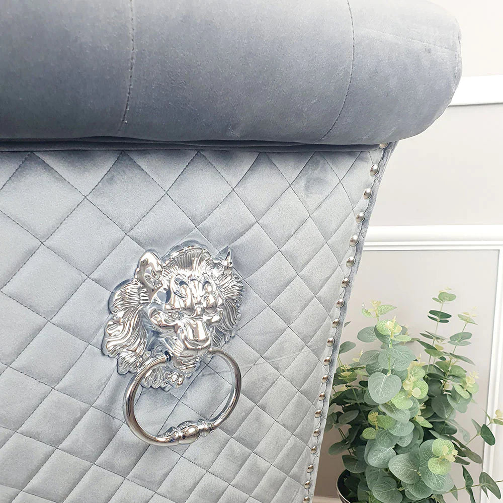 Arianna Marble & Chrome Dining Table With Grey Lucy Slim Quilted Lion Knocker Velvet Chairs + Grey Arianna Bench
