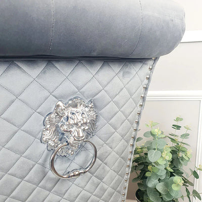 Arianna Marble & Chrome Dining Table With Grey Lucy Slim Quilted Lion Knocker Velvet Chairs + Grey Arianna Bench