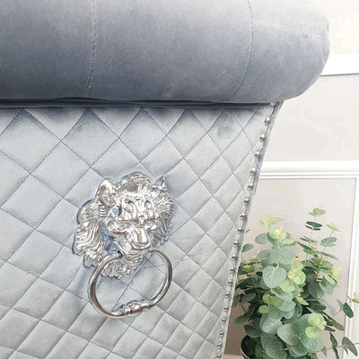 Louis 120CM Marble & Chrome Dining Table With Lucy Slim Quilted Lion Knocker Velvet Chairs - Belmont Interiors