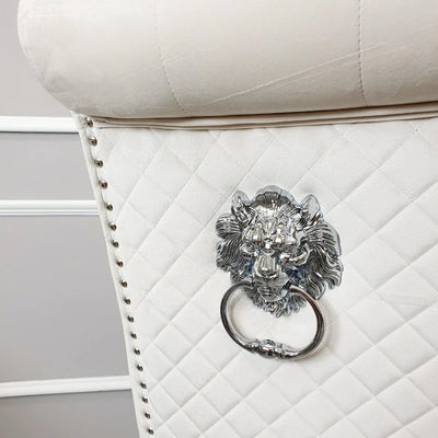 Arianna Marble & Chrome Dining Table With Grey Lucy Slim Quilted Lion Knocker Velvet Chairs + Grey Arianna Bench