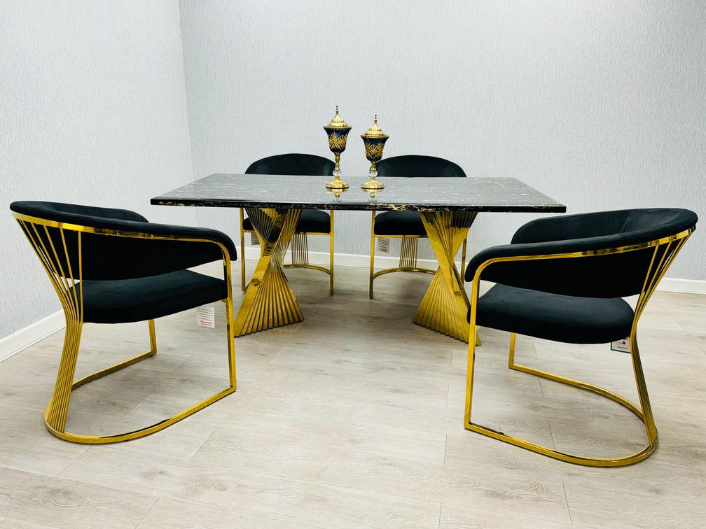 Ravello Black & Gold Marble Dining Table With Porado Gold Chairs