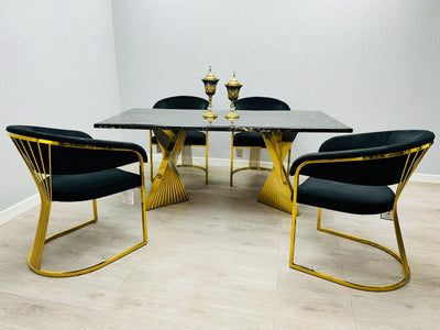 Ravello Black & Gold Marble Dining Table With Porado Gold Chairs