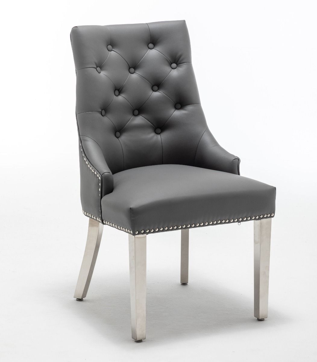 Knightsbridge Grey PU Dining Chair Faux Leather Chrome Ring Knocker - Belmont Interiors