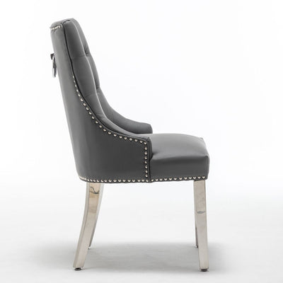 Knightsbridge Grey PU Dining Chair Faux Leather Chrome Ring Knocker - Belmont Interiors