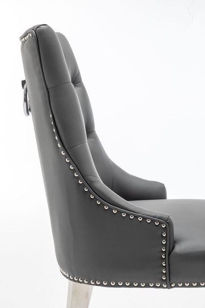 Knightsbridge Grey PU Dining Chair Faux Leather Chrome Ring Knocker - Belmont Interiors