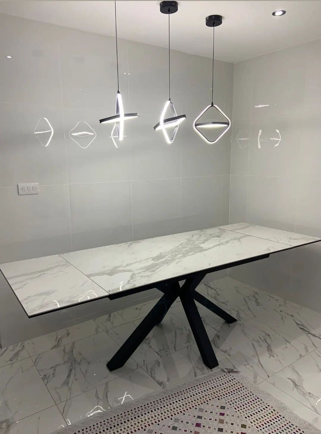 Phoenix 160-240cm White Ceramic Marble Extending Table + Grey PU Leather Swivel Dining Chairs