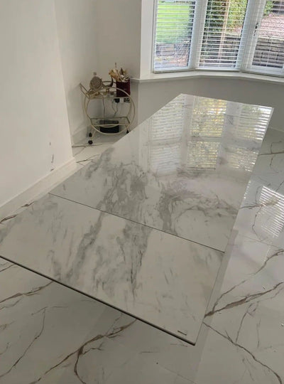 Phoenix 160-240cm White Ceramic Marble Extending Table + Grey PU Leather Swivel Dining Chairs