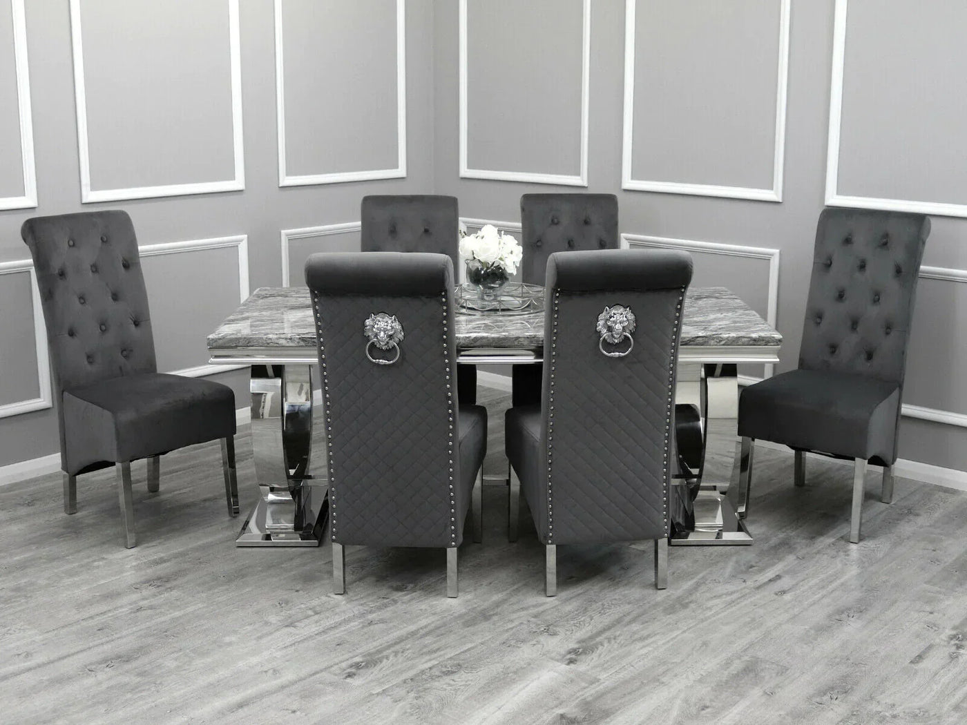 Arianna Marble & Chrome Dining Table With Grey Lucy Slim Quilted Lion Knocker Velvet Chairs + Grey Arianna Bench