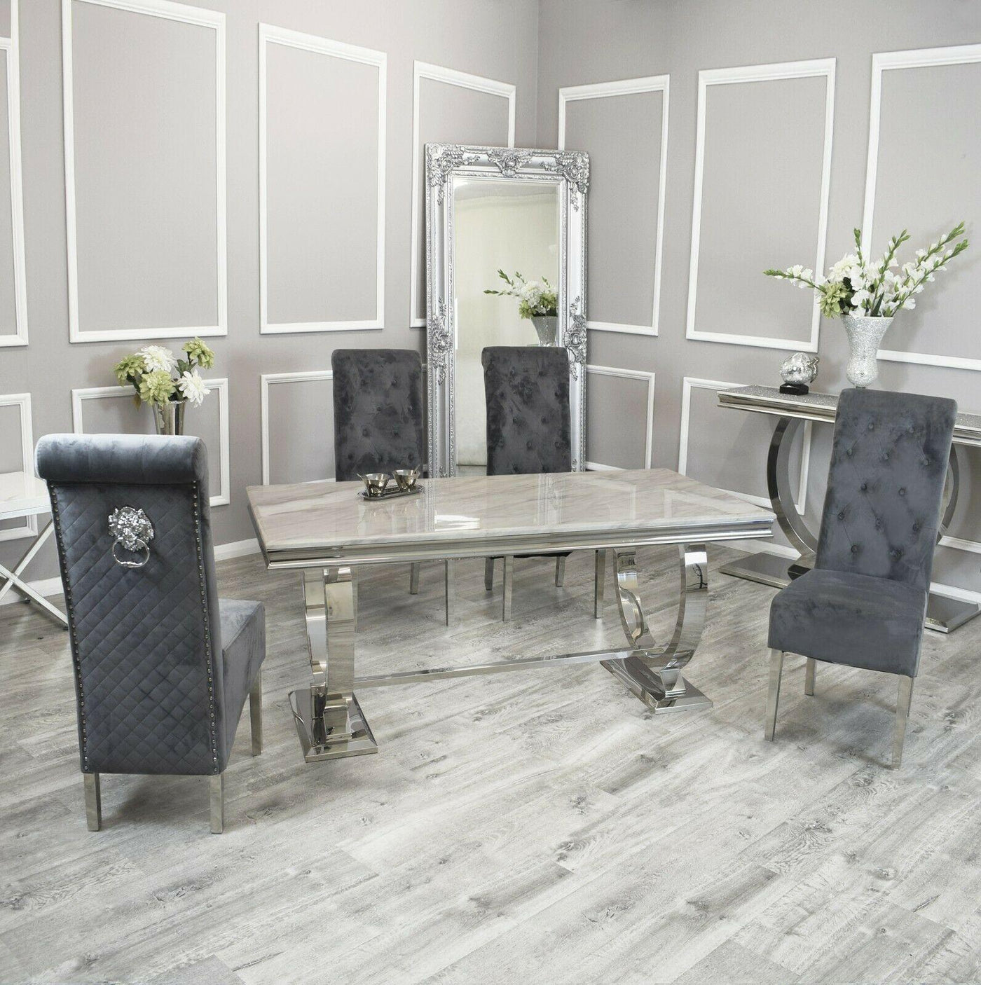 Arianna Marble & Chrome Dining Table With Grey Lucy Slim Quilted Lion Knocker Velvet Chairs + Grey Arianna Bench