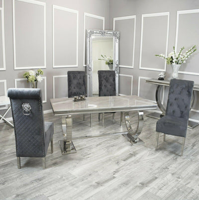 Arianna Marble & Chrome Dining Table With Grey Lucy Slim Quilted Lion Knocker Velvet Chairs + Grey Arianna Bench