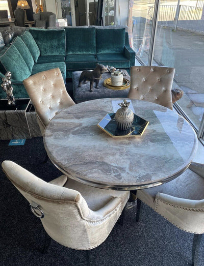 Chelsea 130cm Marble Round Dining Table With Shimmer Chrome Ring Knocker Chairs