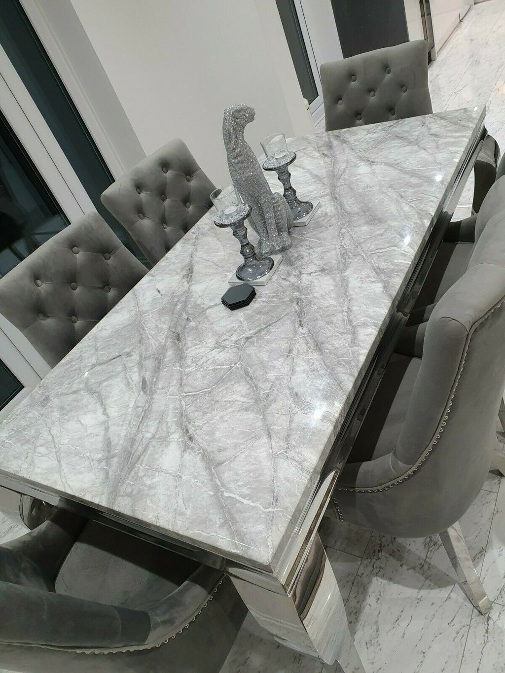 Louis 150cm Grey Marble Dining Table + 4 Grey Ring Knocker Chairs + 110cm Bench - Belmont Interiors