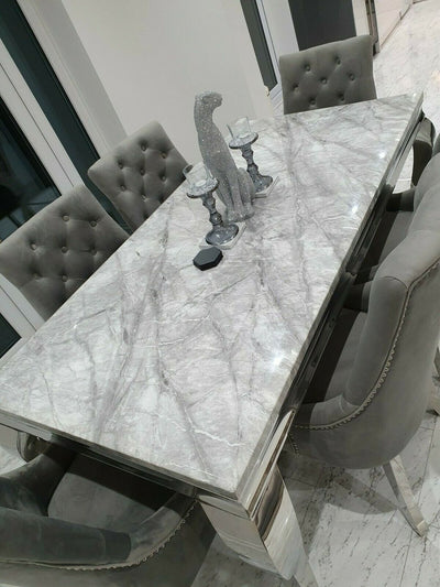 Louis 150cm Grey Marble Dining Table + 4 Grey Ring Knocker Chairs + 110cm Bench - Belmont Interiors