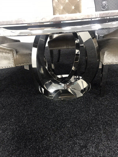 Chelsea 130cm Marble Round Dining Table With Shimmer Chrome Ring Knocker Chairs